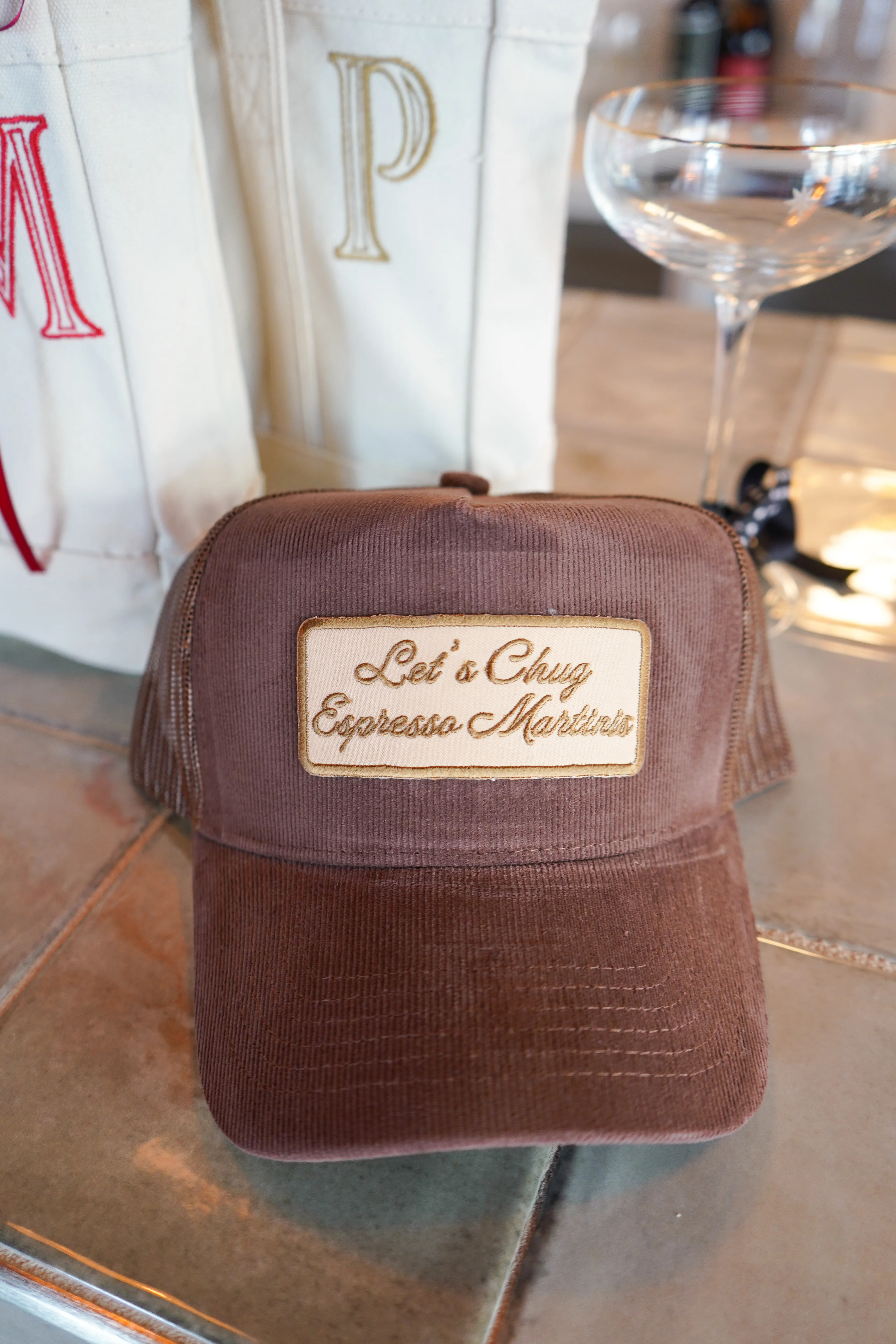 Let's Chug Espresso Martinis - Brown Corduroy Trucker Hat | KenzKustomz