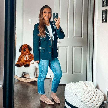 Even though the appointment was for a passport interview, it still said interview. And interview means blazer 😉 love this gorgeous collegiate blazer, paired casually with a pair of jeans and mule slippers. Wearing a size FR 38 in the  blazer, 25 in the jeans, and medium in the baby tee  

#LTKstyletip #LTKparties #LTKworkwear