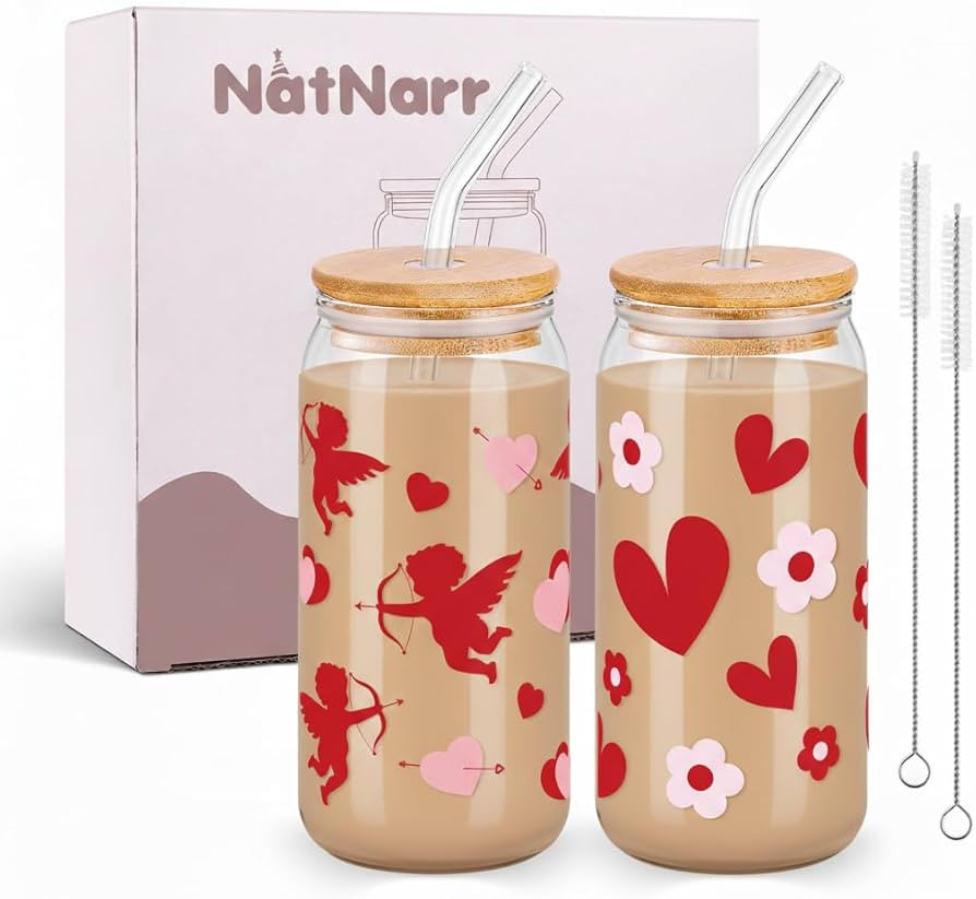 NatNarr 2 Pcs Valentine‘s Day Glass Cups, 16 oz Hearts Drinking Glasses with Bamboo Lids and St... | Amazon (US)