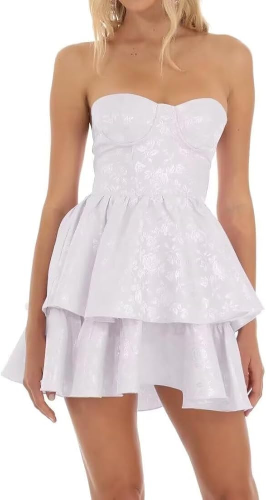 Strapless Ruffle Satin Homecoming Dresses Short for Teens Tiered Embroidery Prom Cocktail Party G... | Amazon (US)