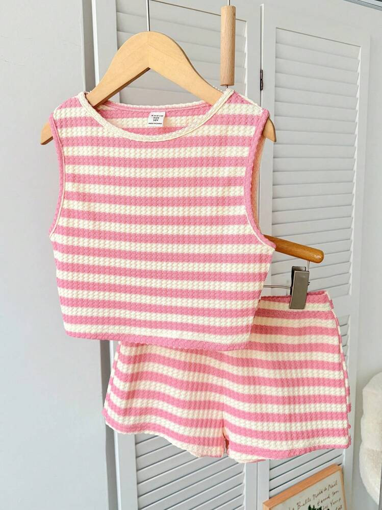 SHEIN Tween Girl Casual Basic Textured Knit Sleeveless Top And Shorts Set Girls Striped Two Piece Set Girls Striped Short Set Summer Two Piece Set Kids Tween Girls Striped Two Piece | SHEIN
