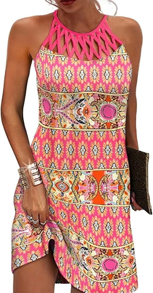 Summer Dresses for Women 2024 Casual Floral Hollow Out Halter Neck A-line Sundresses for Beach Va... | Amazon (US)