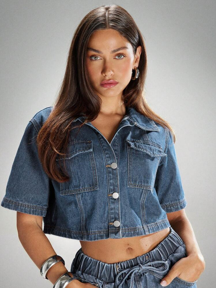 Denimoi Flap Pocket Button Front Casual Boxy Cropped Denim Top | SHEIN
