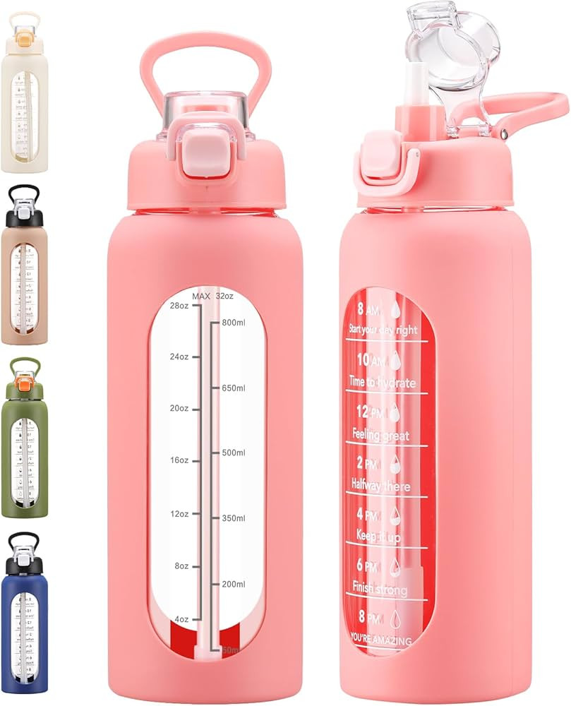 chunmo 32 oz Glass Water Bolttles with Straw Large Motivational Water Bottle with Time Marker Spo... | Amazon (US)