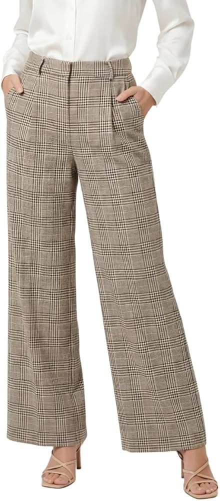 OctMoon Women's High Waisted Plaid Wide Leg Dress Pants - Stretchy Knit Work Slacks with Elastic ... | Amazon (US)