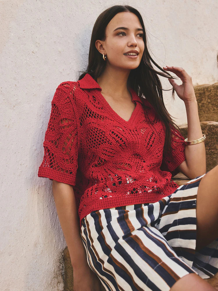 Red Crochet Knit Open Neck Polo Top | Next US