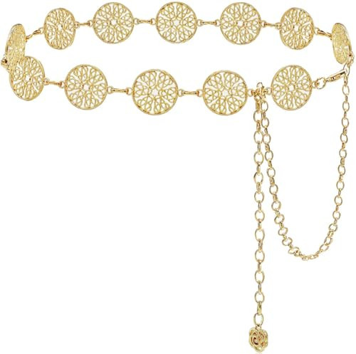 Glamorstar Chain Belts for Women Hollow Metal Waist Chain Belts Dress Belt for Her Circle Gold 130CM | Amazon (US)