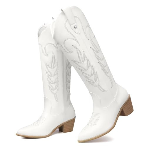 SHIBEVER Women's Cowgirl Boots Knee-High: Cowboy Boots for Women Western White Riding Leather Fashion Embroidered Boot with Zipper Size 10 | Amazon (US)