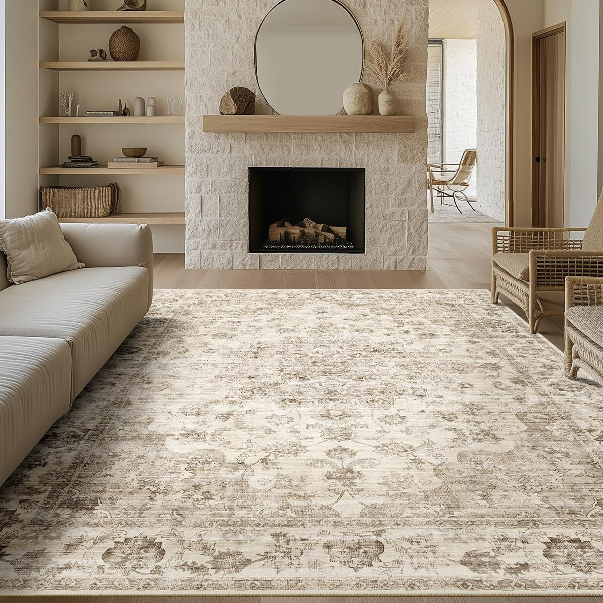 9x12 Neutral Area Rug Beige Vintage Living Room Bedroom Washable Carpet Non-Slip Soft Medium Pile... | Amazon (US)