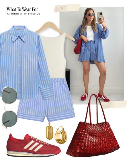 Colourful trainers for summer ❤️ 

Blue striped shorts & shirt, coord, matching set, red trainers, straw tote bag

#LTKsummer #LTKstyletip #LTKeurope