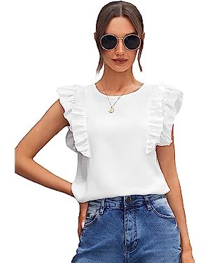 Milumia Women Elegant Ruffle Trim Butterfly Sleeve Blouse Round Neck Work Shirt Top | Amazon (US)