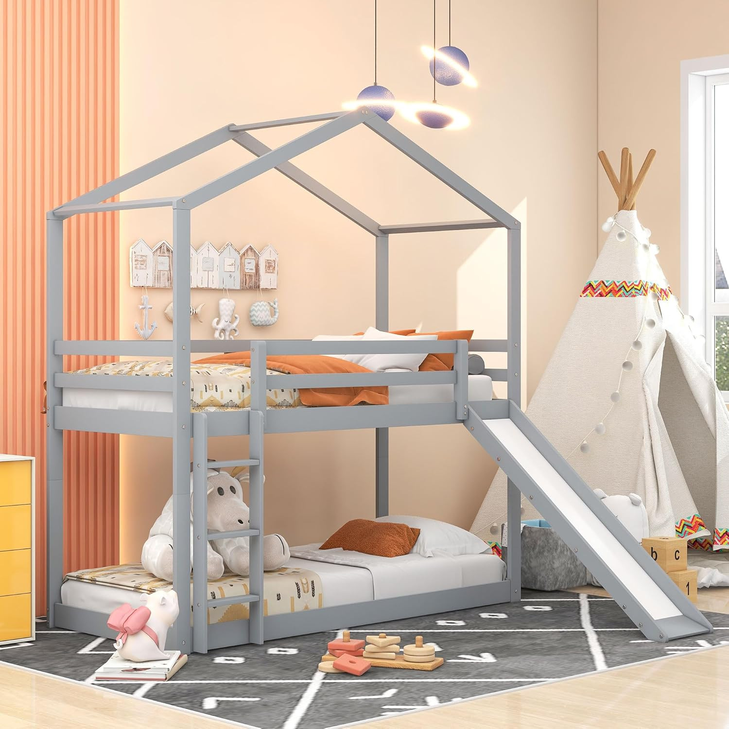 Lostcat Twin Over Twin House Bunk Bed with Slide, Ladder, and Roof, Twin Size Wood Bed Frame with... | Amazon (US)