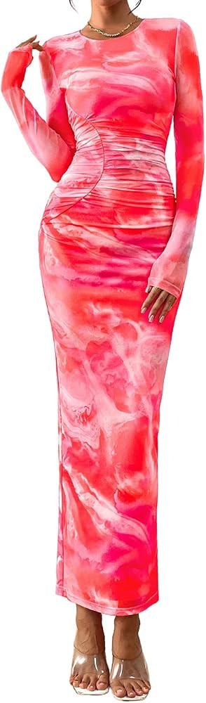 PRETTYGARDEN Wedding Guest Dresses for Women Spring Long Sleeve Ruched Bodycon Floral Mesh Cockta... | Amazon (US)