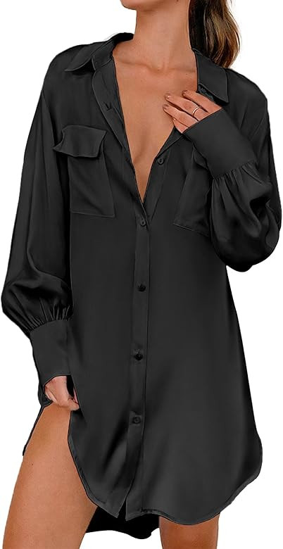 Ekouaer Women Satin Sleep Shirt Long Sleeve Nightgown Button Down Nightshirt Silk Sleepwear Soft ... | Amazon (US)