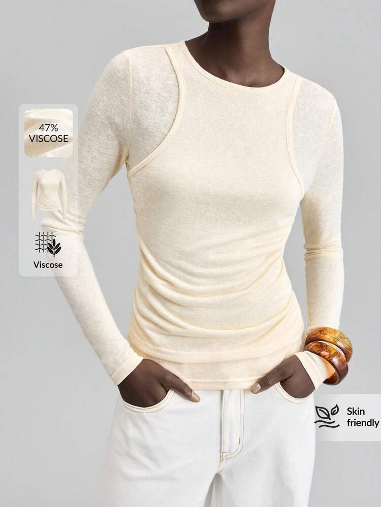 2026SS Maglietta A Maniche Lunghe Da Donna 2 In 1, Silhouette Aderente, Stile Urbano Chic Minimalista Elegante Casual, Adatta Per Vacanze, Stagione Di Matrimoni, Abbigliamento Da Ufficio, In Tessuto A Maglia Tinta Unita, Outfit Versatile Per Insegnanti, Maglietta Versatile Per Pendolari | SHEIN