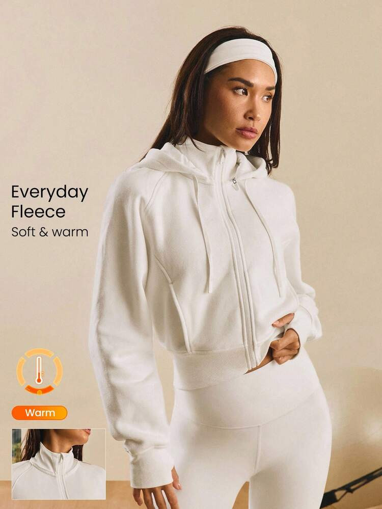 GLOWMODE Fleece Cozy Soft Ribbed Cuffs Hem Thumbholes Detachable Hood Cropped Zip-Up Sweatshirt Daily Casual Wear Fall Winter | SHEIN