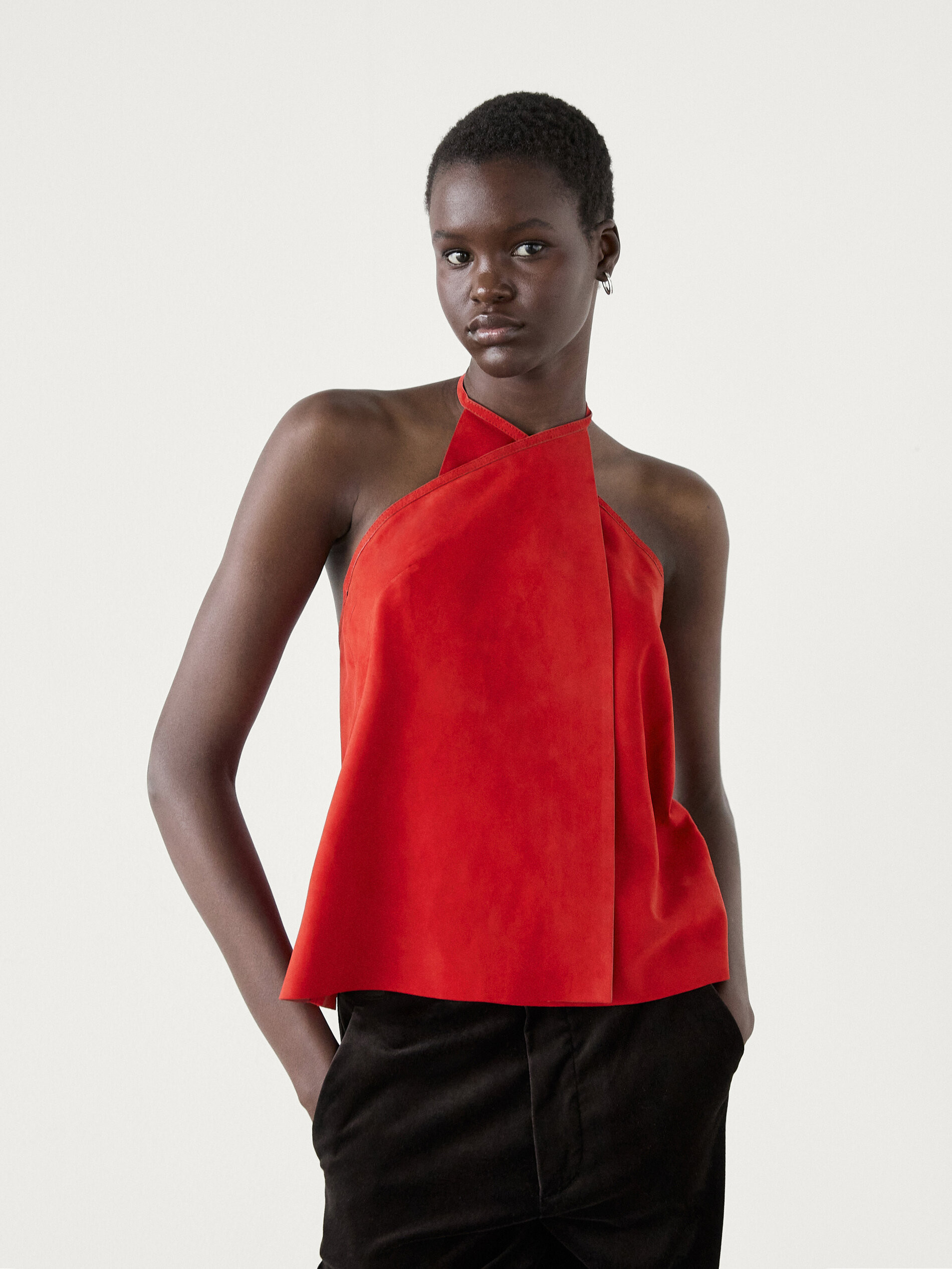 Suede leather crossover halter top | Massimo Dutti US