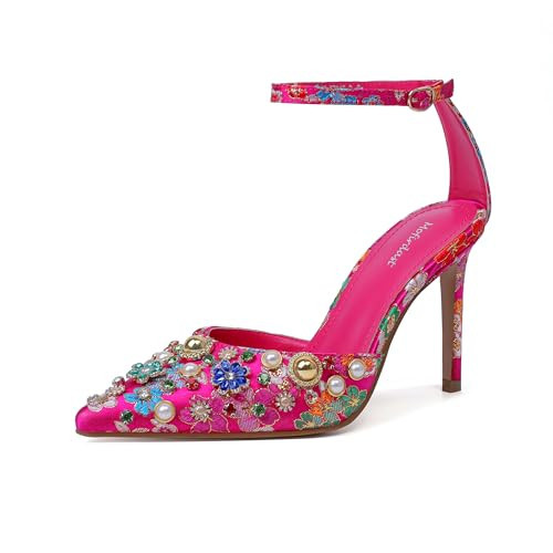 Mofirdast Womens Ankle Strap Colorful Rhinestones Heels Floral Print Embroidery Pumps Sandals Wedding Daily Dressy Prom Party Shoes Rose Red Size 8 | Amazon (US)