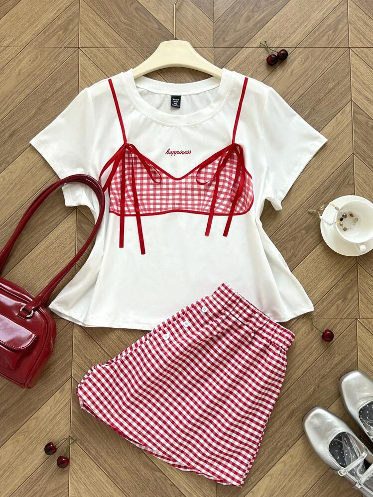 Sweetra CURVE Plus Size Round Neck T-Shirt With Printed Bow Pattern & Elastic Waist Plaid Shorts ... | SHEIN