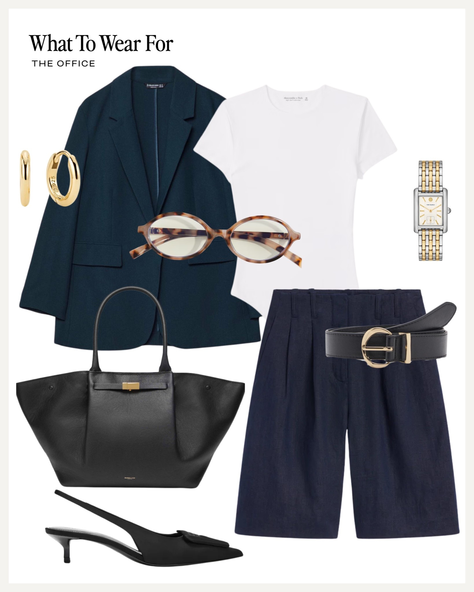 Office outfit inspo 💻 

Navy shorts / blazer / black demellier / sling back heels / summer workwear 

#LTKsummer #LTKworkwear #LTKuk