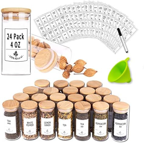 24 Glass Spice Jars with Bamboo Airtight Lids, 400 Spice Labels, Funnel and Chalk Marker Set- Churbo | Amazon (US)