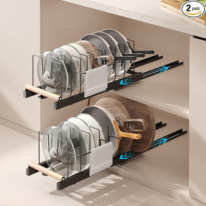 2 Pack Pull Out Pots and Pans Organizer Under Cabinet, 22" Deep Expandable Pot Lid Organizer and ... | Amazon (US)