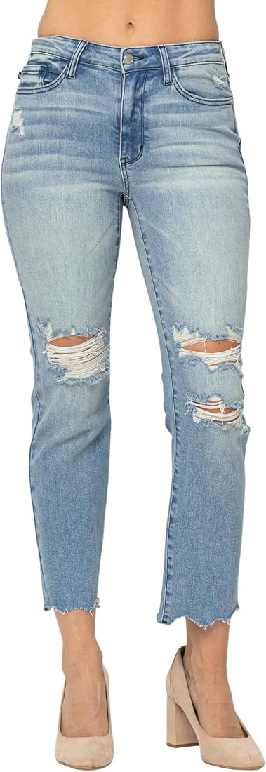 Women's Mid-Rise Destroyed Tinted Wash Cropped Straight-Leg Jeans | Amazon (US)