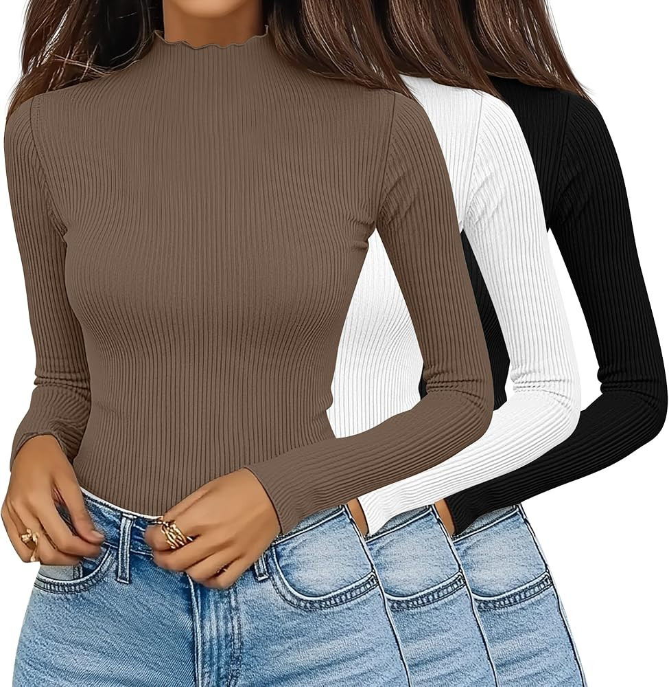 Huukeay 3 Pack Women's Ribbed Mock Turtleneck Tops Long Sleeve Lettuce Trim Neck T Shirts Slim Fi... | Amazon (US)