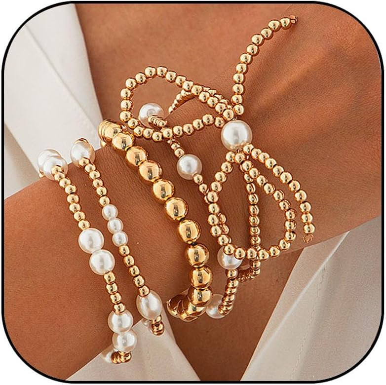 Gold Bow Bracelet for Women Gold Beaded Bracelets Bow Gold Bead Ball Stretch Bracelets Pearl Stac... | Amazon (US)