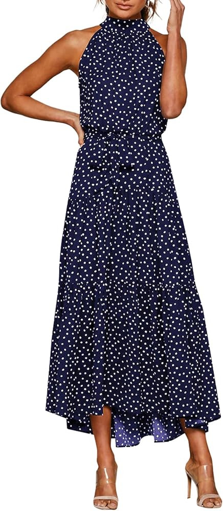 Women's Polka Dot Halter Neck Sleeveless Tie Waist Tiered Flowy Long Dress | Amazon (US)