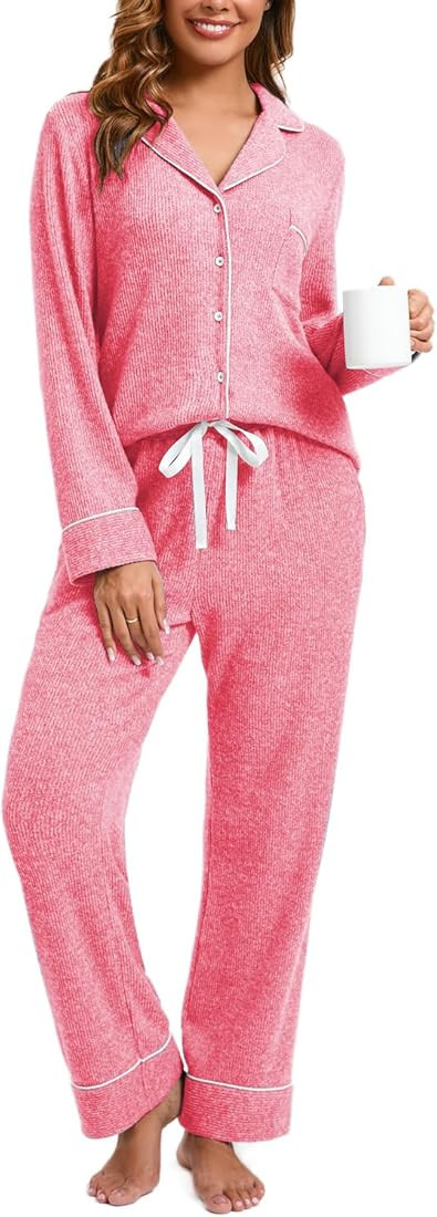 Women's Pajama Sets Long Sleeve Button Down Soft Knit Sleepwear Pjs 2 Piece Lounge Set | Amazon (US)
