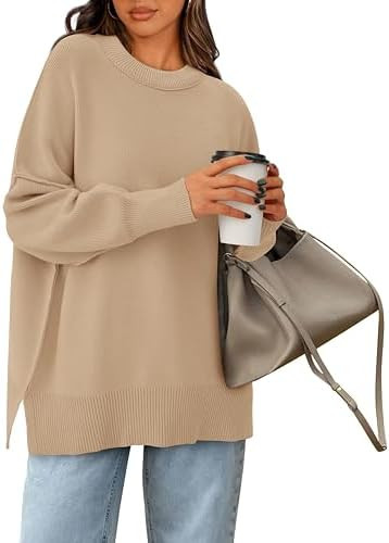 PRETTYGARDEN Women's Oversized Sweater 2025 Casual Fall Outfits Crewneck Long Sleeve Side Slit Ch... | Amazon (US)