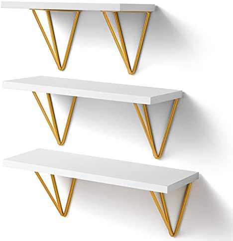 AMADA HOMEFURNISHING White Floating Shelves - Wall Mounted Shelf with Triangle Golden Metal Brackets | Amazon (US)