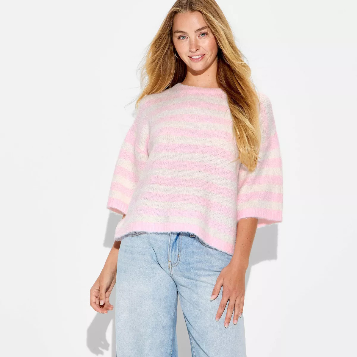 Women's Short Sleeve Crewneck Pullover Sweater - Wild Fable™ Light Pink Striped M | Target