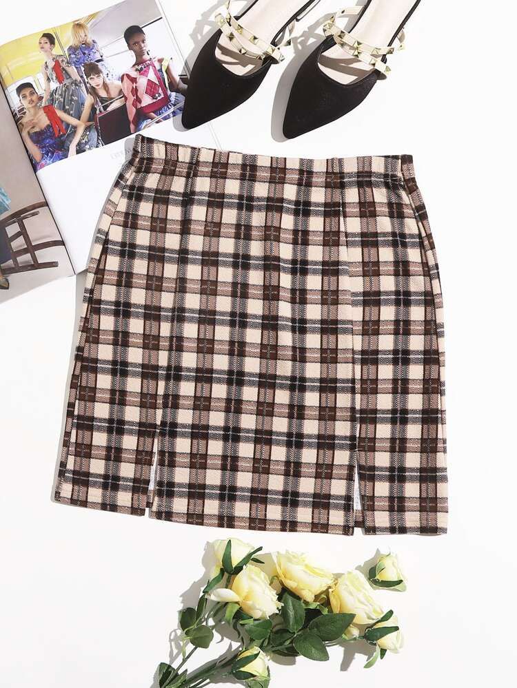 SHEIN EZwear Plaid Split Hem Skirt | SHEIN