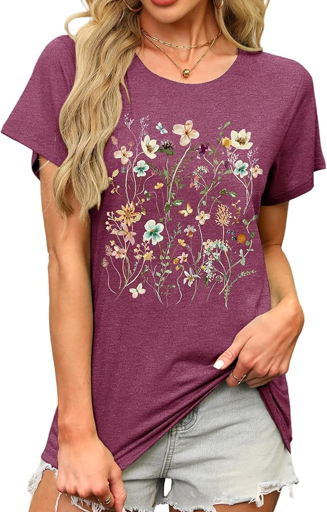 MAPICK Women's Floral Graphic Tees Short Sleeve Casual T-Shirts Boho Style Cute Summer Loose Fit ... | Amazon (US)