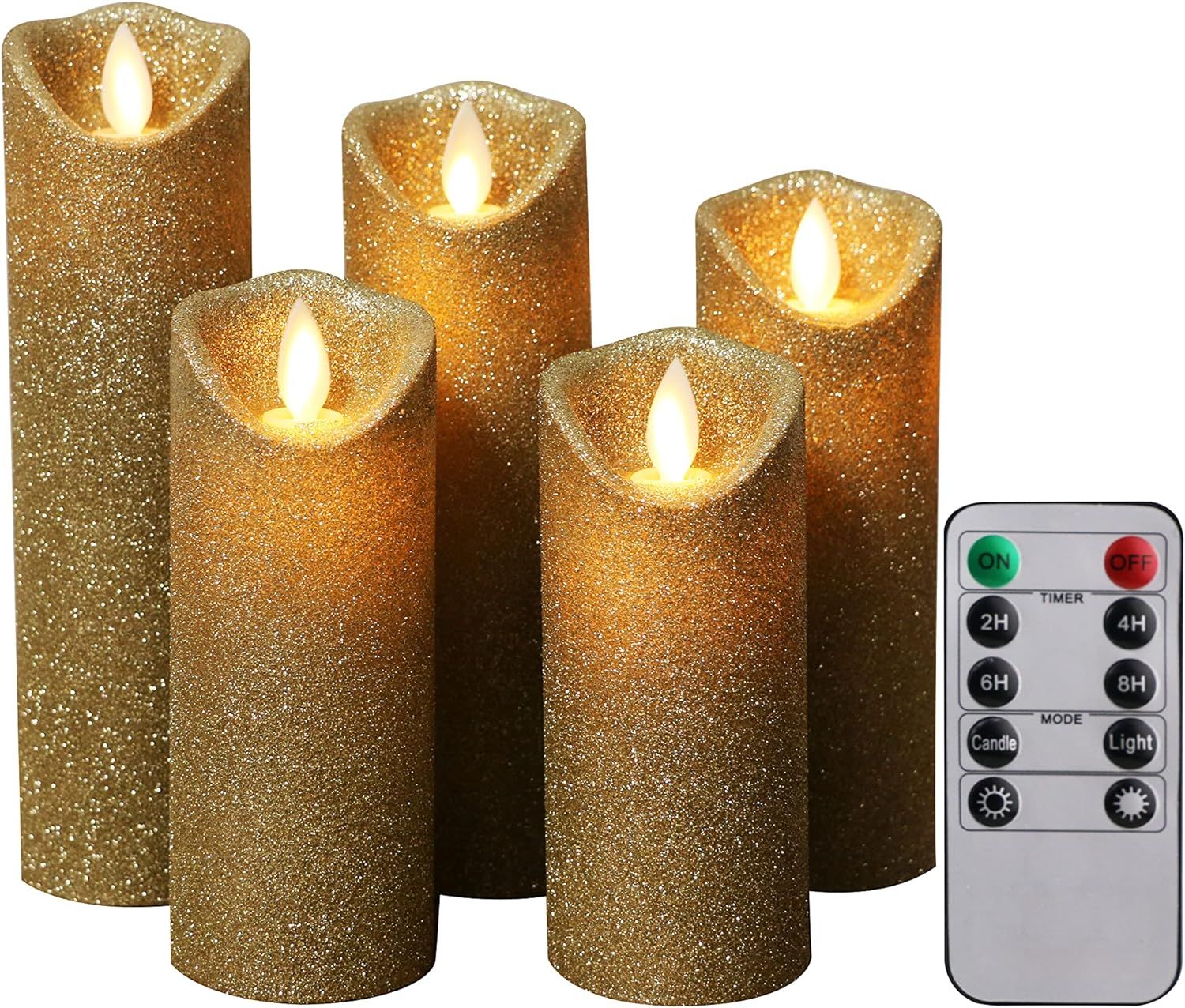 Kitch Aroma Gold Glitter Flickering Flameless Candles Set of 5(H 5"/5.5"/6"/7"/8" xD 2.2") Christ... | Amazon (US)