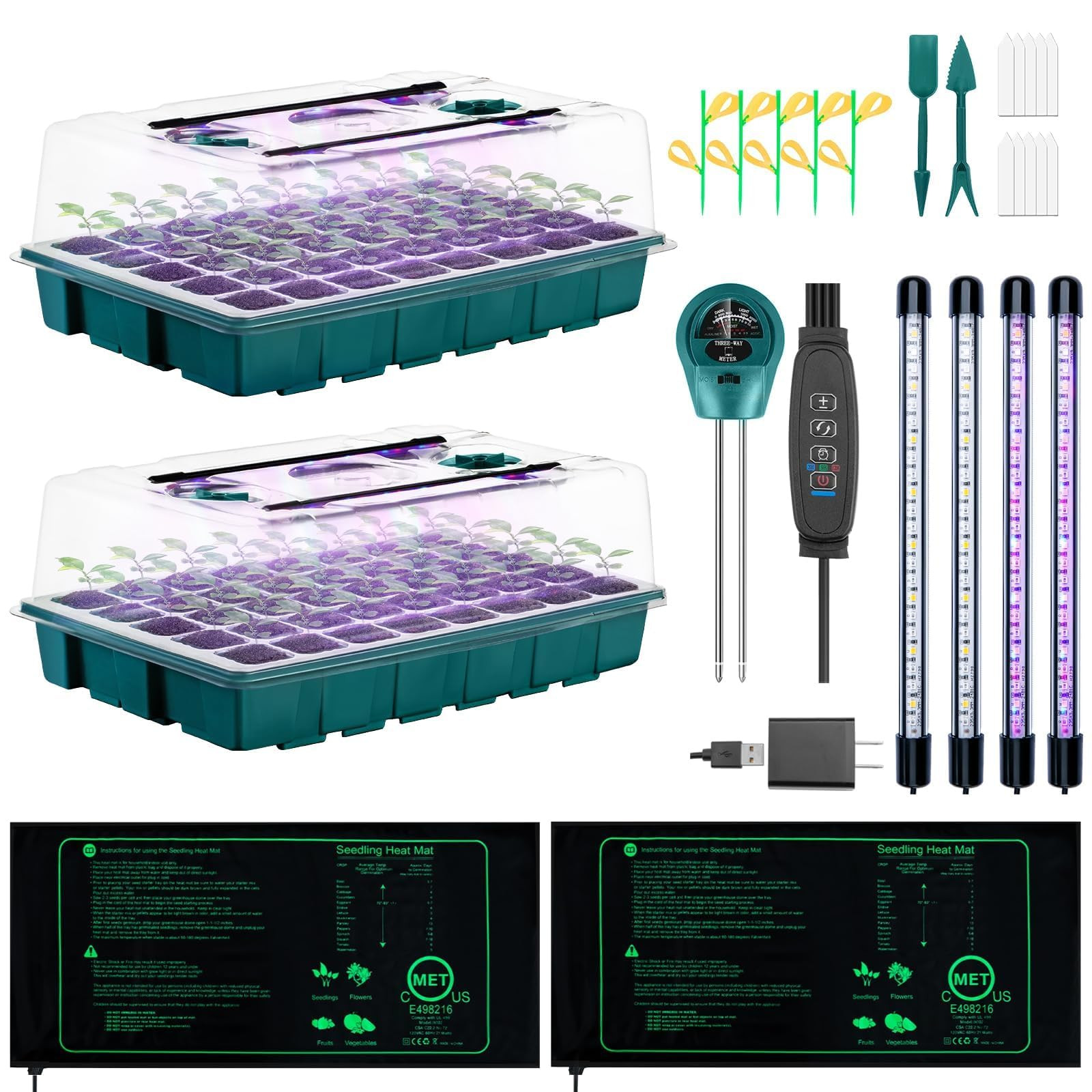Seed Starter Tray with Grow Lights and Heat Mat, 3-in-1 Soil Meter, 80-Cell Seed Growing Tray, Ge... | Amazon (US)