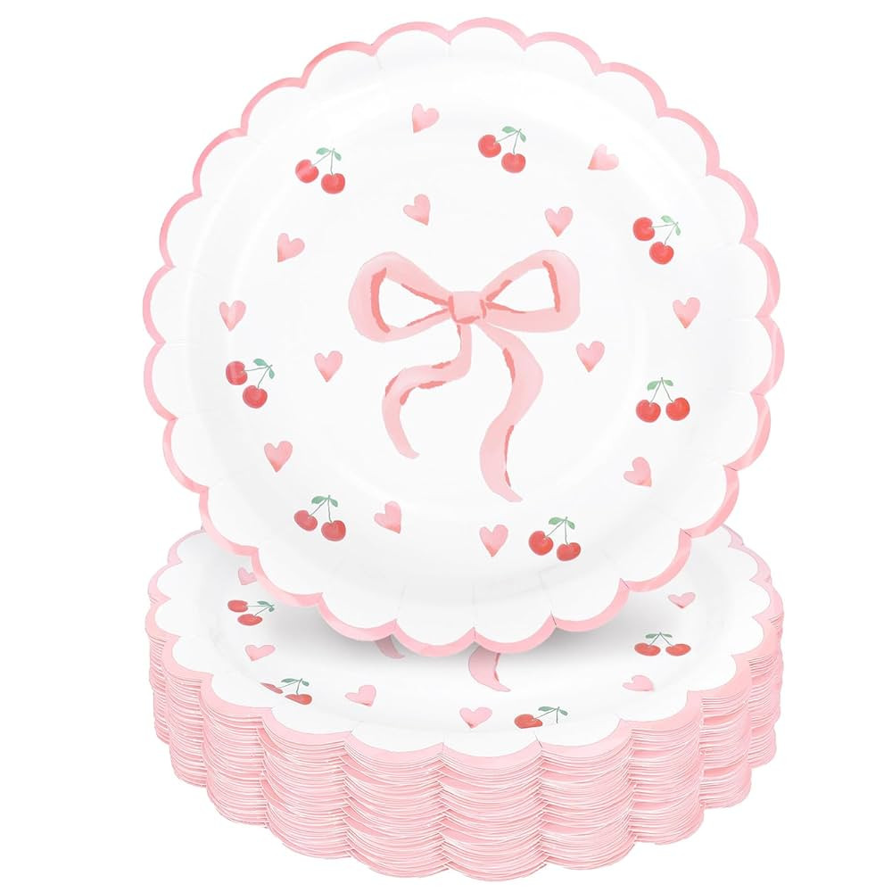 Whaline 40Pcs Pink Bow Paper Plates 9 Inch Scalloped Bowknot Cherry Plates Bow Heart Disposable D... | Amazon (US)