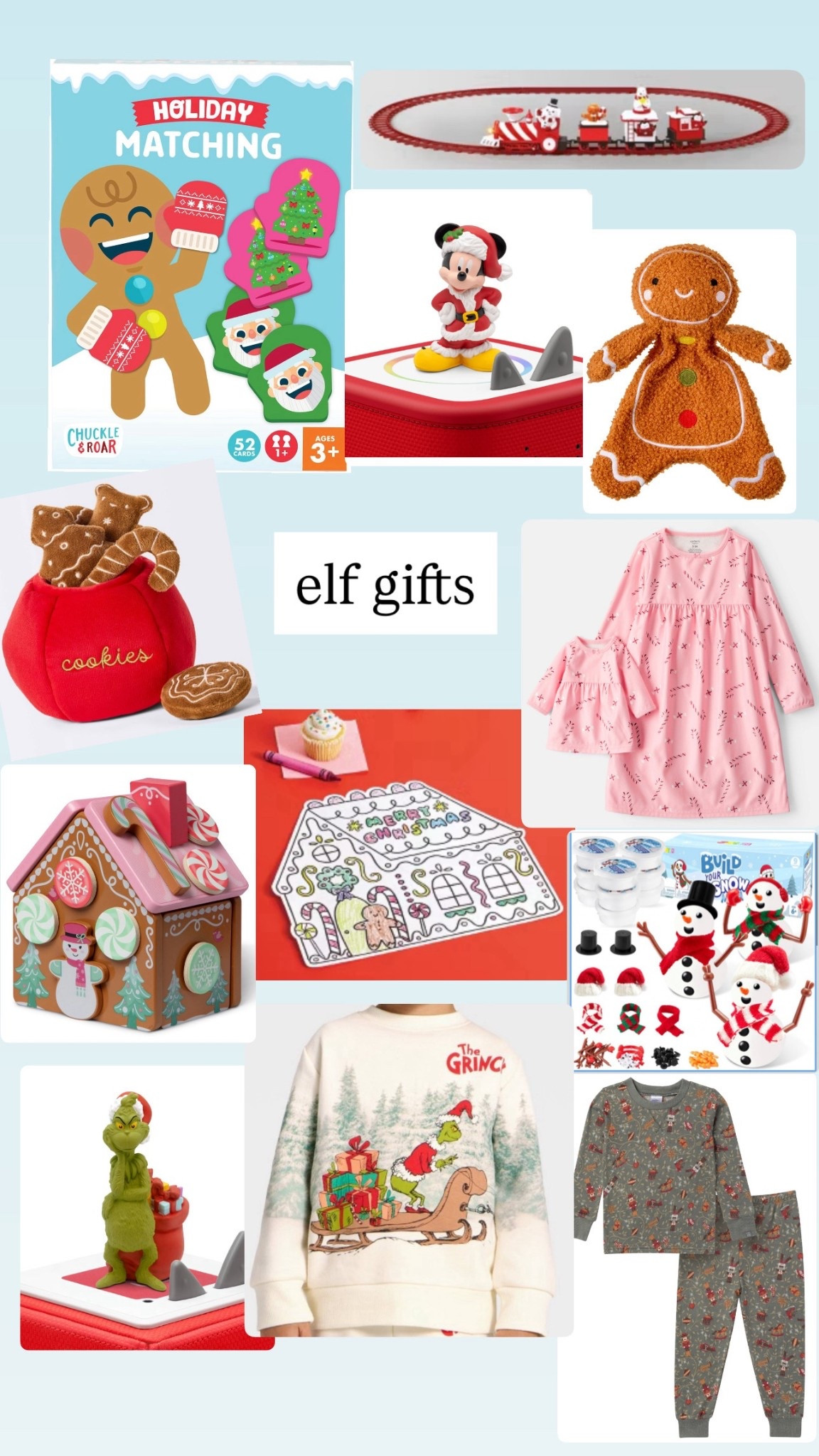 Throughout the month of December our elves bring the kids little surprises . Usually holiday themed pajamas, story books ( going to post those separately) and or festive clothing, Christmas activities ( games and crafts ) and occasionally toys but usually Santa and mom & dad bring the toys on Christmas. 

Toddler Christmas
Christmas magic 