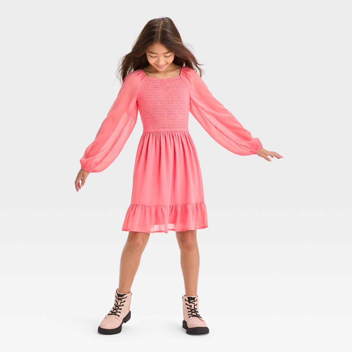 Girls' Smocked Bodice Chiffon Dress - art class™ Coral Pink XL | Target
