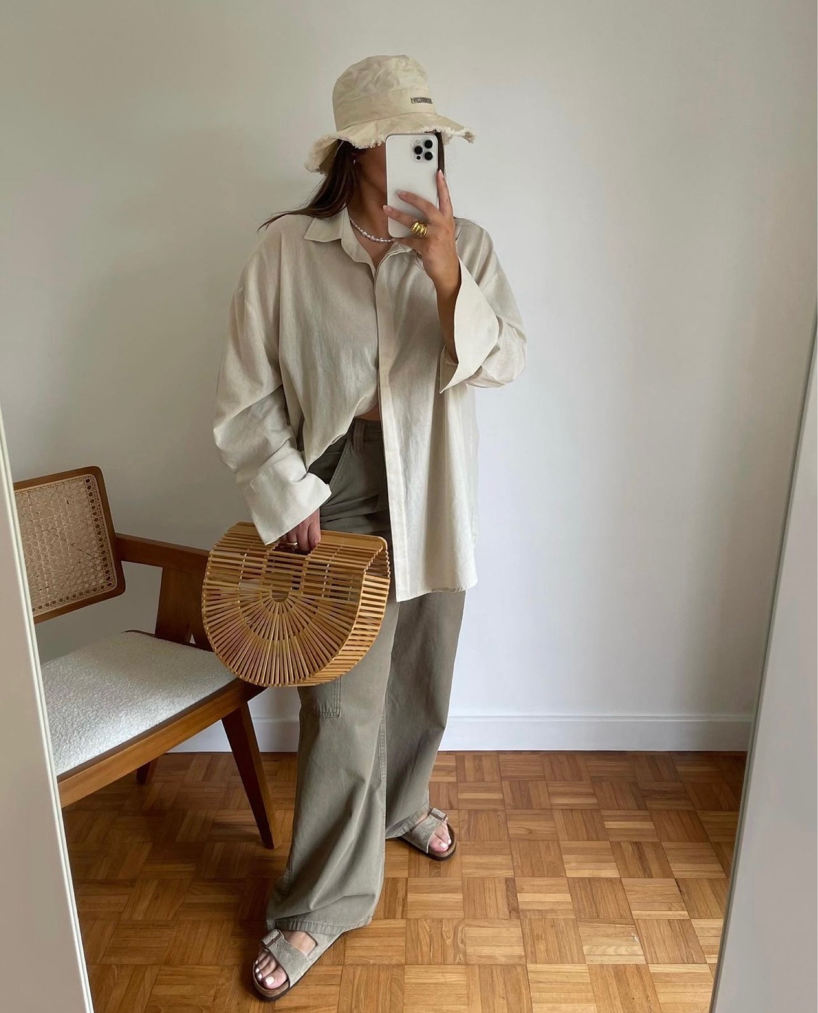 summer style, linen shirt, cargo utility pants, Birkenstock, Jacquemus 