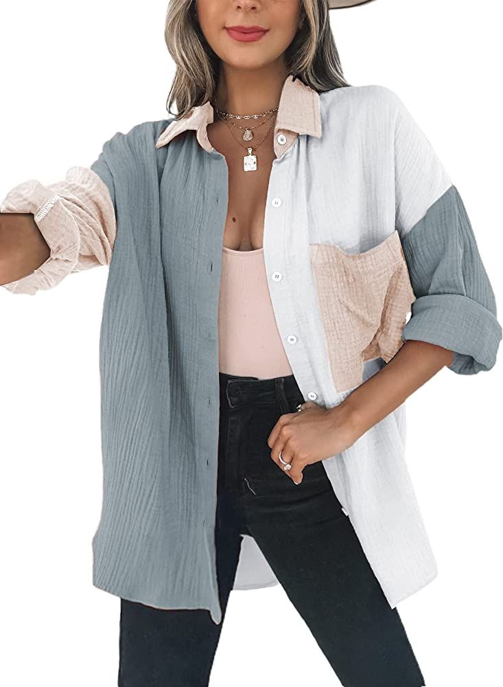 Dokotoo Womens Color Block Button Down Shirts Long Sleeve Oversized Boyfriend Blouses Tops | Amazon (US)