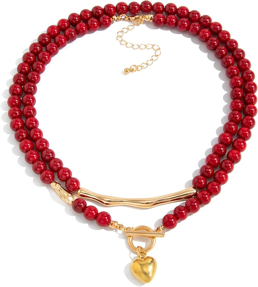Gold Heart Pendant Necklace for Women Vintage Layered Acrylic Red Bead Choker Necklace Trendy Val... | Amazon (US)