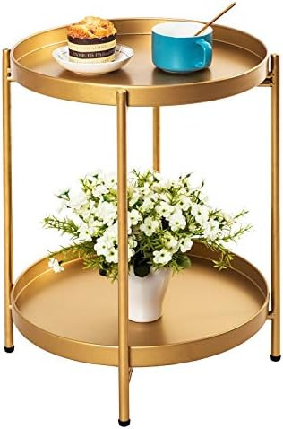 Toymay Gold Metal End Table,2-Tier Round Side Table with Removable Tray,Small Waterproof Sofa Tab... | Amazon (US)