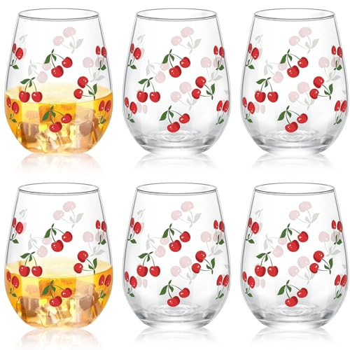 Maxcheck 6 Pcs Cherry Wine Glass Set 18 oz Summer Stemless Glasses with Red Cherry Designs for Summer Wedding Birthday Present Holiday Party Gift | Amazon (US)