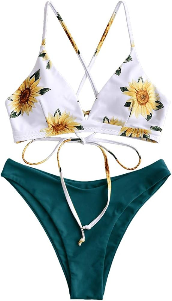 ZAFUL Women Braided Straps Lace Up Bikini Set Bralette Swimsuit Flower Bathing Suit | Amazon (US)