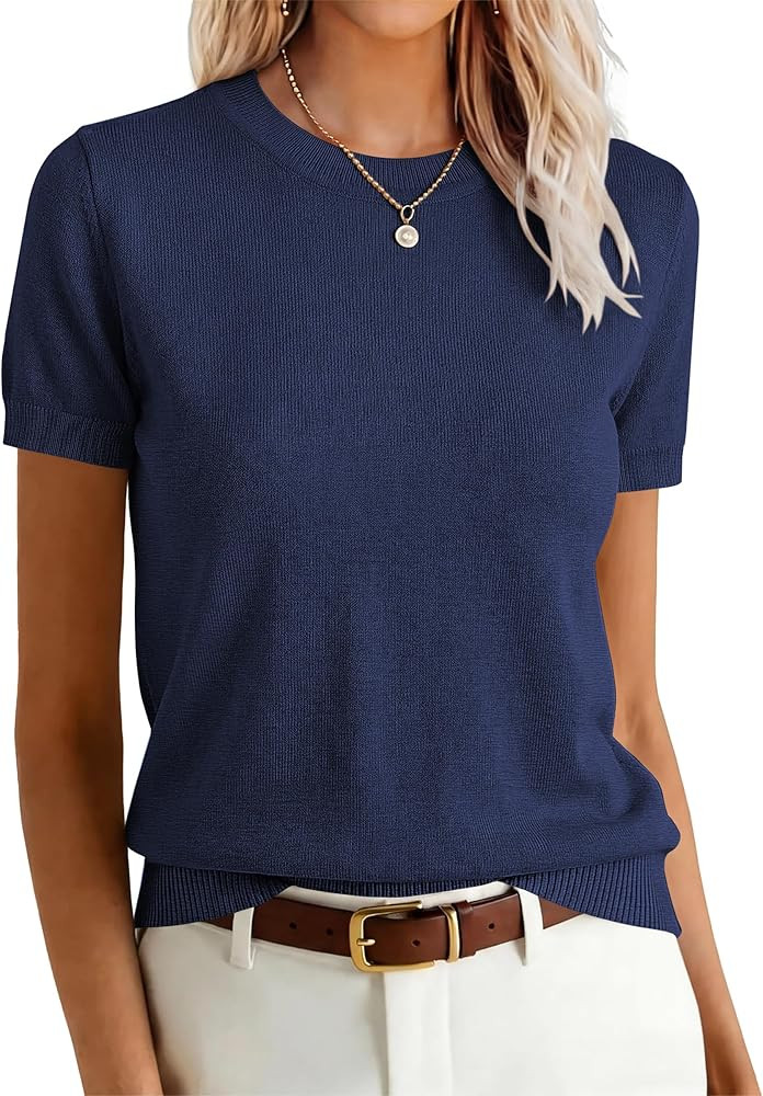 ANRABESS Womens Short Sleeve Sweaters Wool Blend Crew Neck Sweater Shirts Business Casual Work To... | Amazon (US)