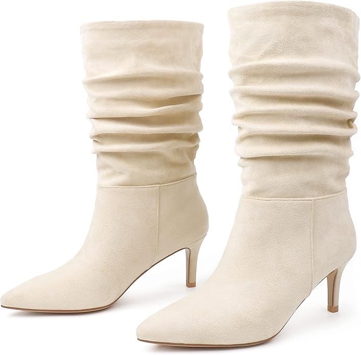 JOY IN LOVE Women's Low Heel Boots, Mid-Calf High Wrinkled Slouchy Boots | Amazon (US)