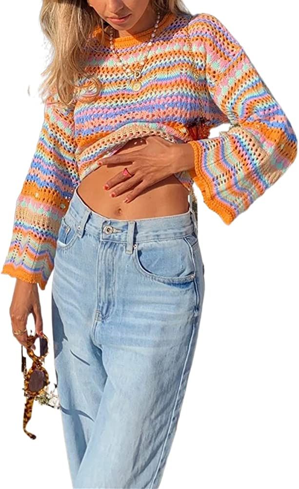 Women' s Y2K Crochet Crop Top See Through Hollow Out Sweater Pullover Long Sleeve Knit Color Bloc... | Amazon (US)